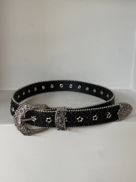 The Unbranded Brand Accessories - Black Glitter Western Belt Silver Floral Buckle Star Studs Y2K